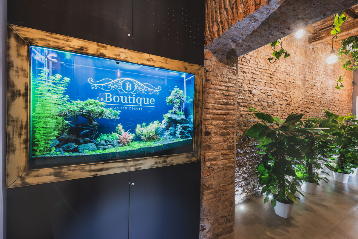 Il nostro acquario con il logo Le Boutique Luxury Resort e il corridoio con mura ottocentesche restaurate